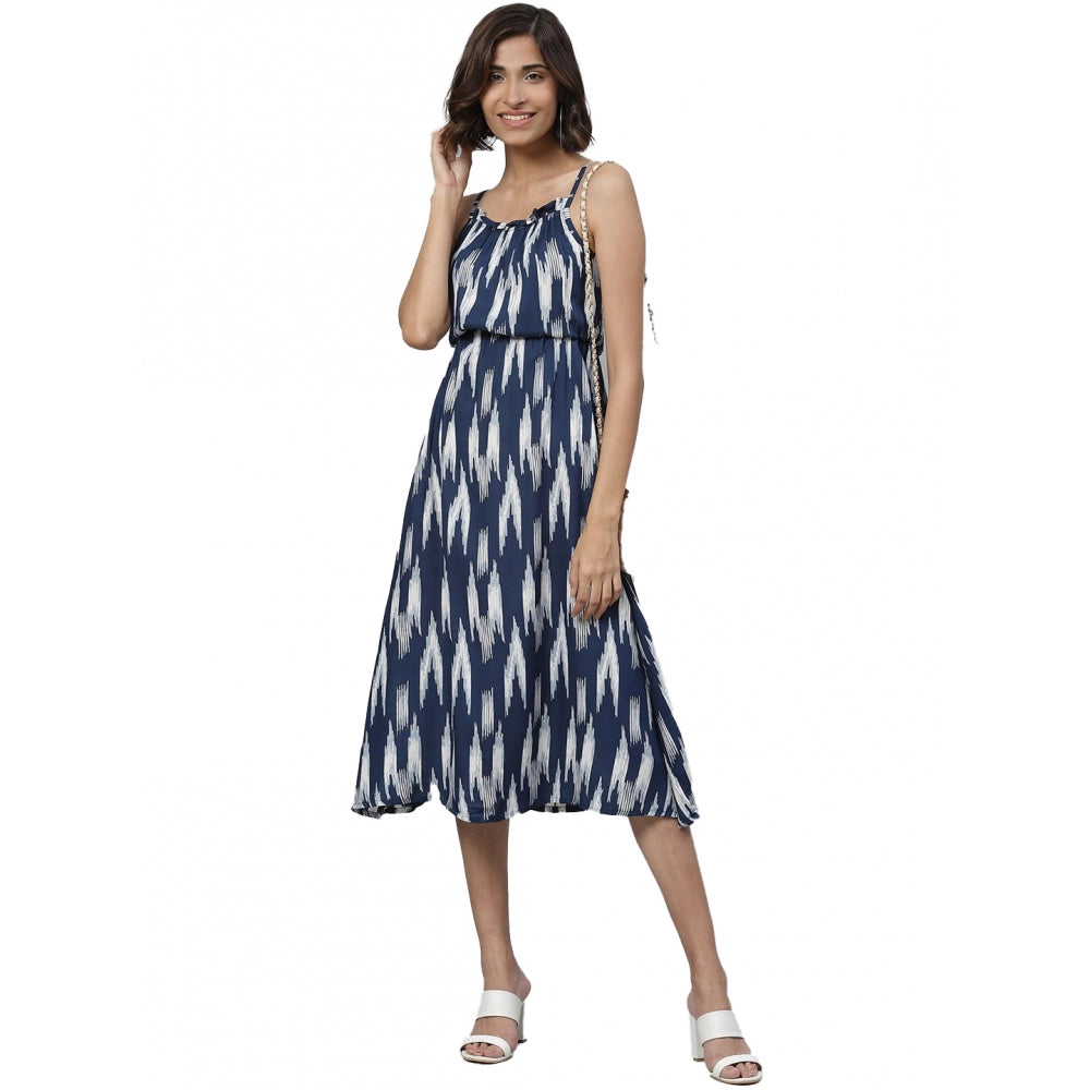 Snuggle Spot Women's Casual Sleeveless Ikat Print Rayon Dress (Blue)