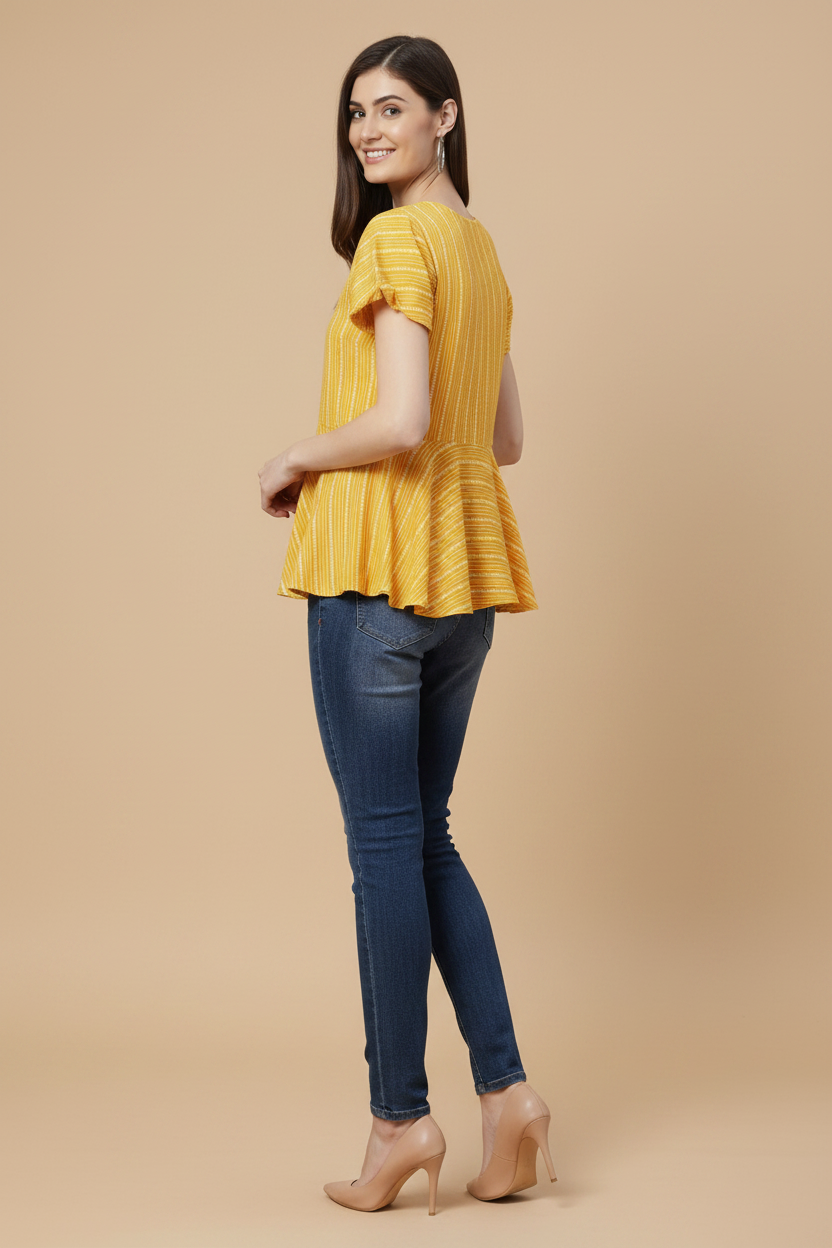 Snuggle Spot Women's Casual Short Sleeves Stripe Printed Rayon Top (Mustard)