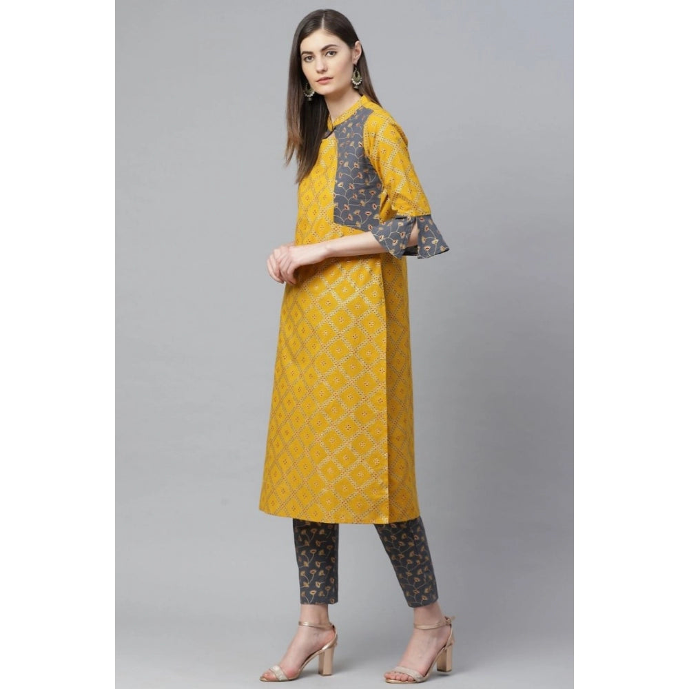 Snuggle Spot Women's Casual Bell Sleeves Geomatrical Printed Cotton Kurti Set (Yellow)