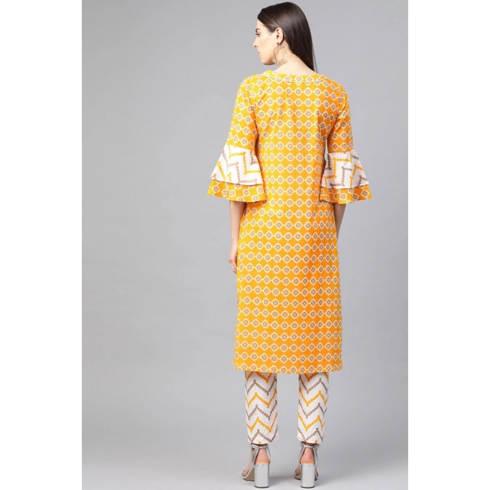 Snuggle Spot Women's Casual 3/4 th Sleeve Floral Printed Cotton Kurti Set (Mustard)