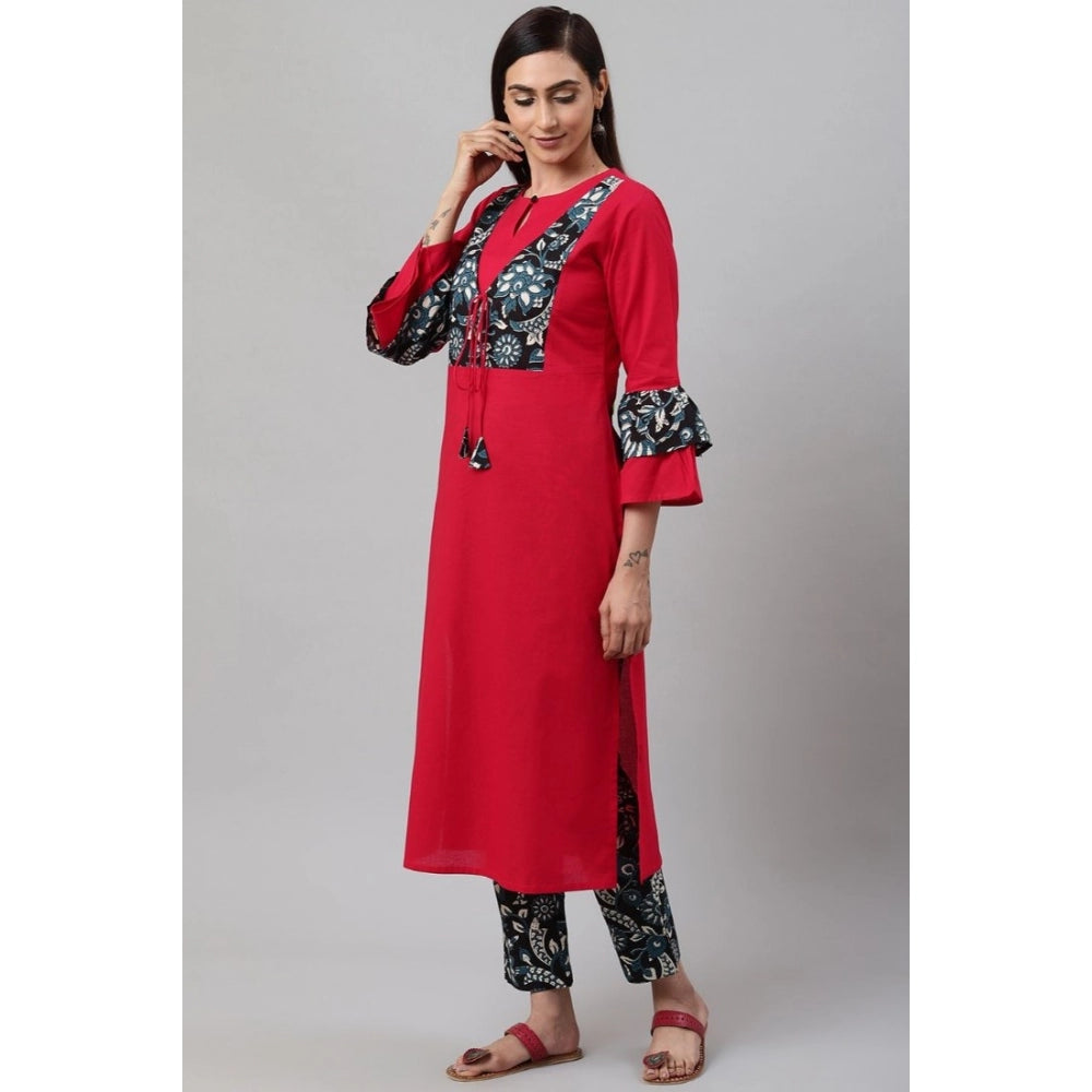 Snuggle Spot Women's Casual Bell Sleeves Floral Printed Cotton Kurti Set (Rani Pink)