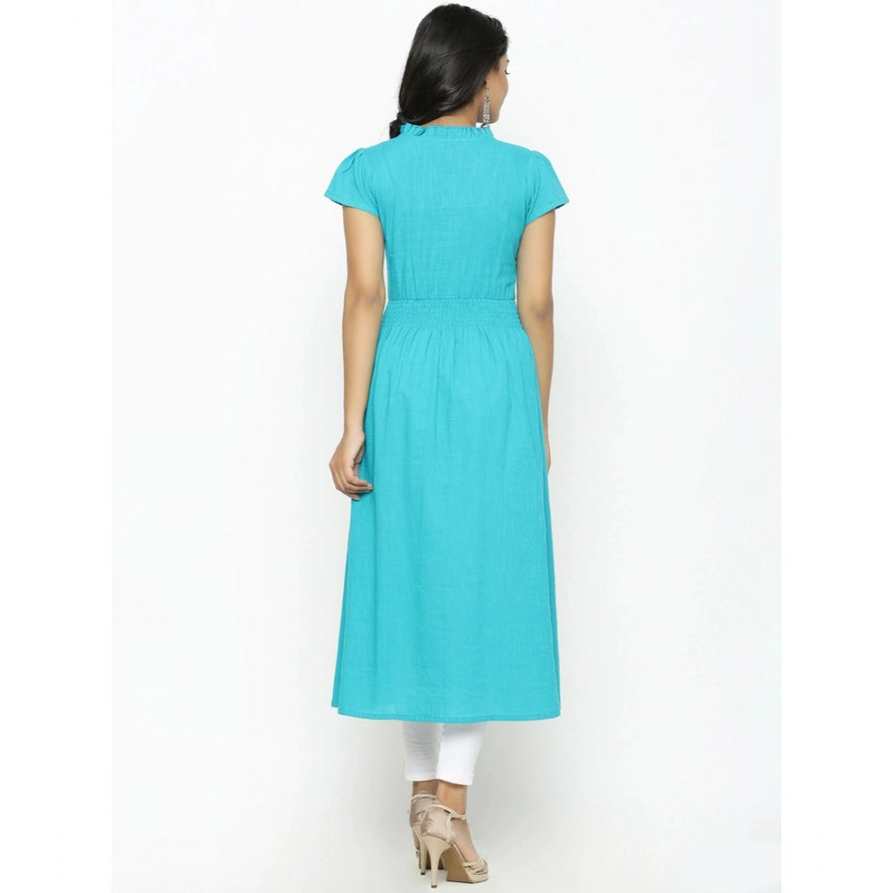 Snuggle Spot Women's Casual Short Sleeve Embroidery Cotton Slub Kurti (Torque Green)
