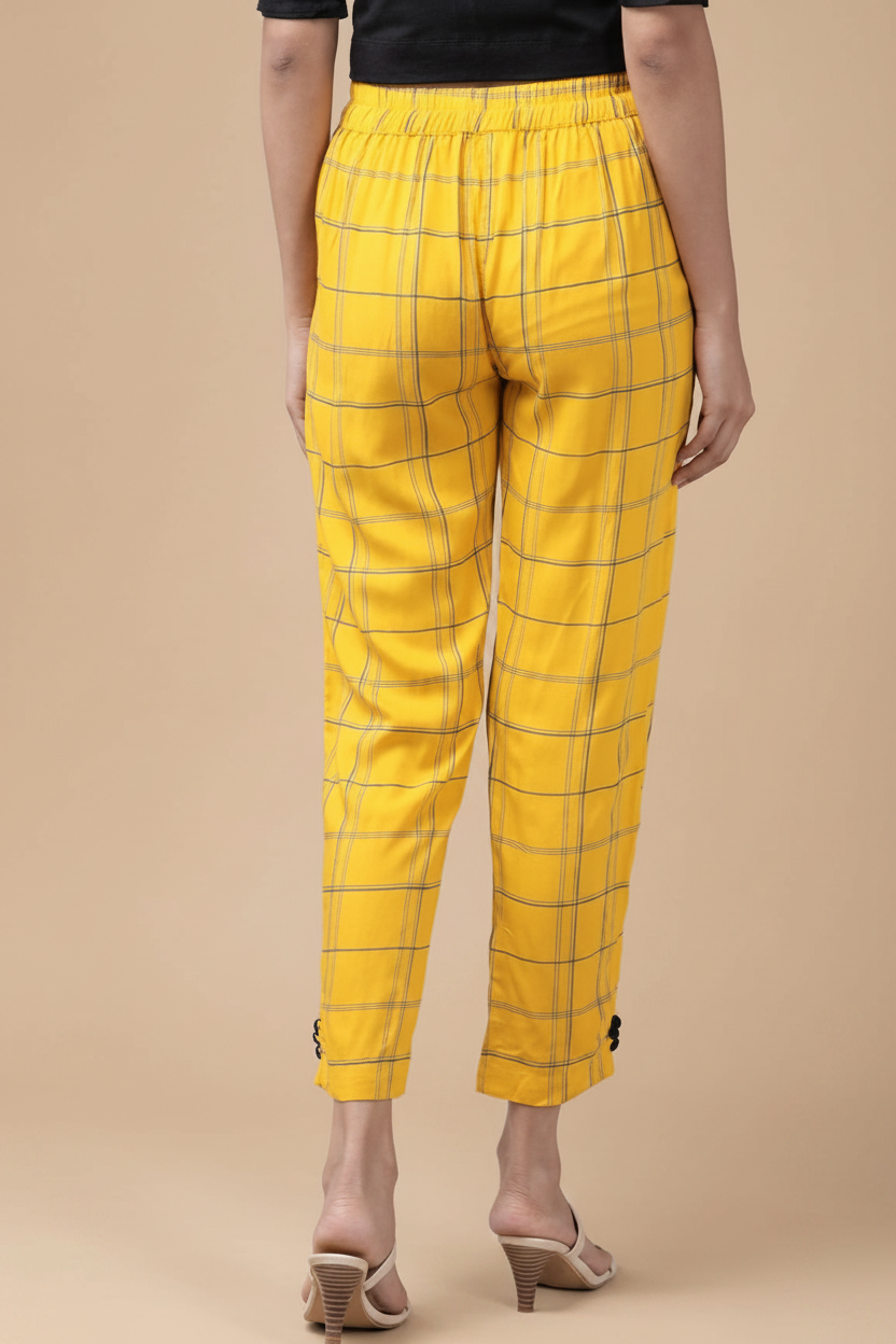 Snuggle Spot Women's Casual Checked Rayon Trouser Pant (Yellow)