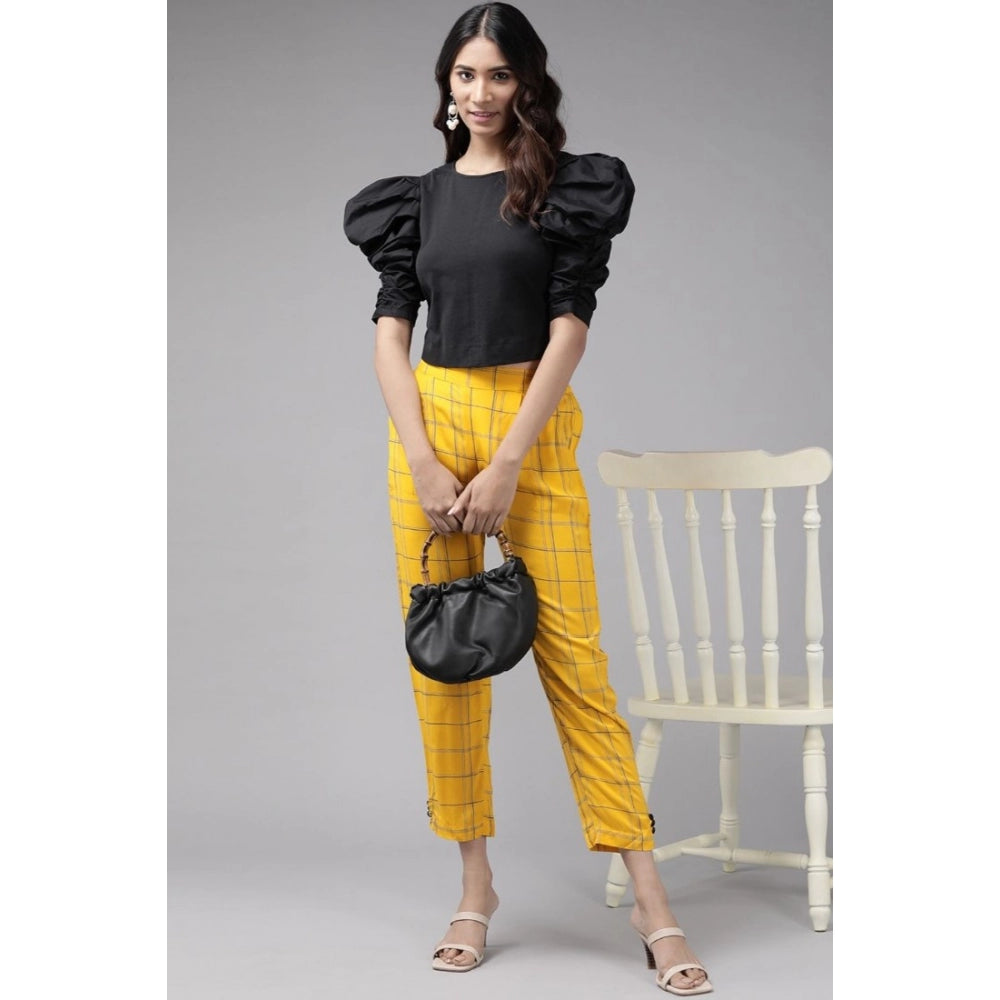Snuggle Spot Women's Casual Checked Rayon Trouser Pant (Yellow)