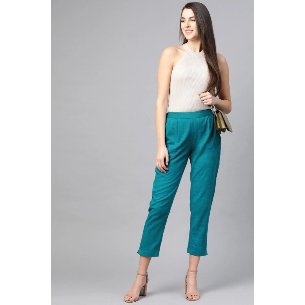 Snuggle Spot Women's Casual Solid Cotton Slub Trouser Pant (Rama Blue)