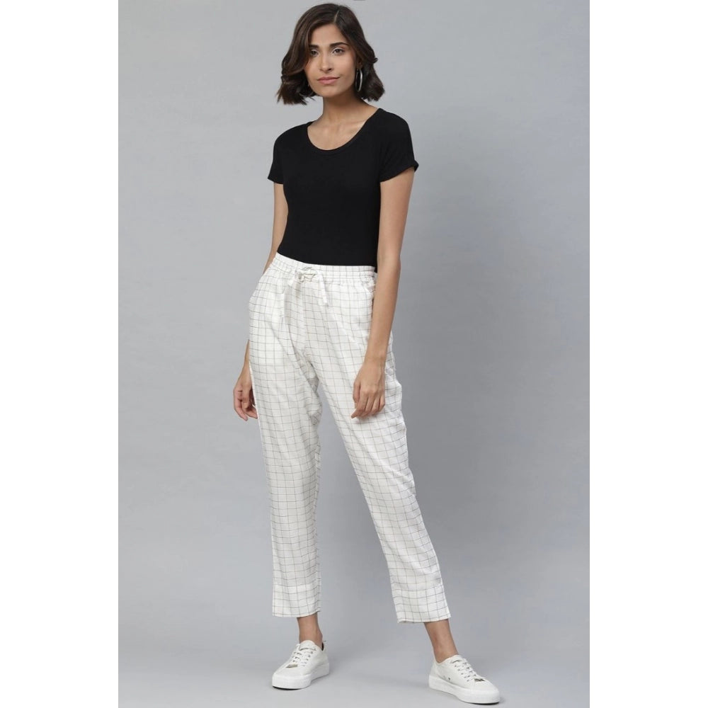 Snuggle Spot Women's Casual Checked Rayon Trouser Pant (White)