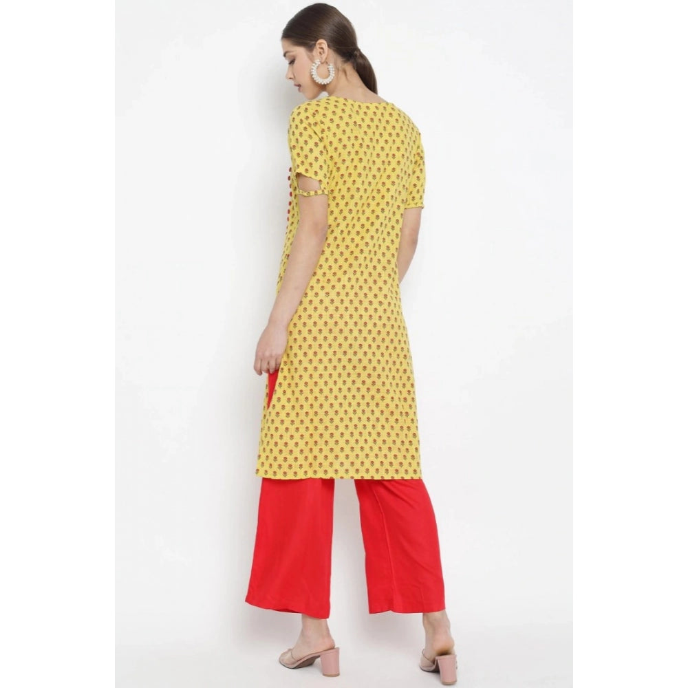 Snuggle Spot Women's Casual Short Sleeves Floral Printed Cotton &amp; Rayon Kurti Palazzo Set (Yellow &amp; Red)