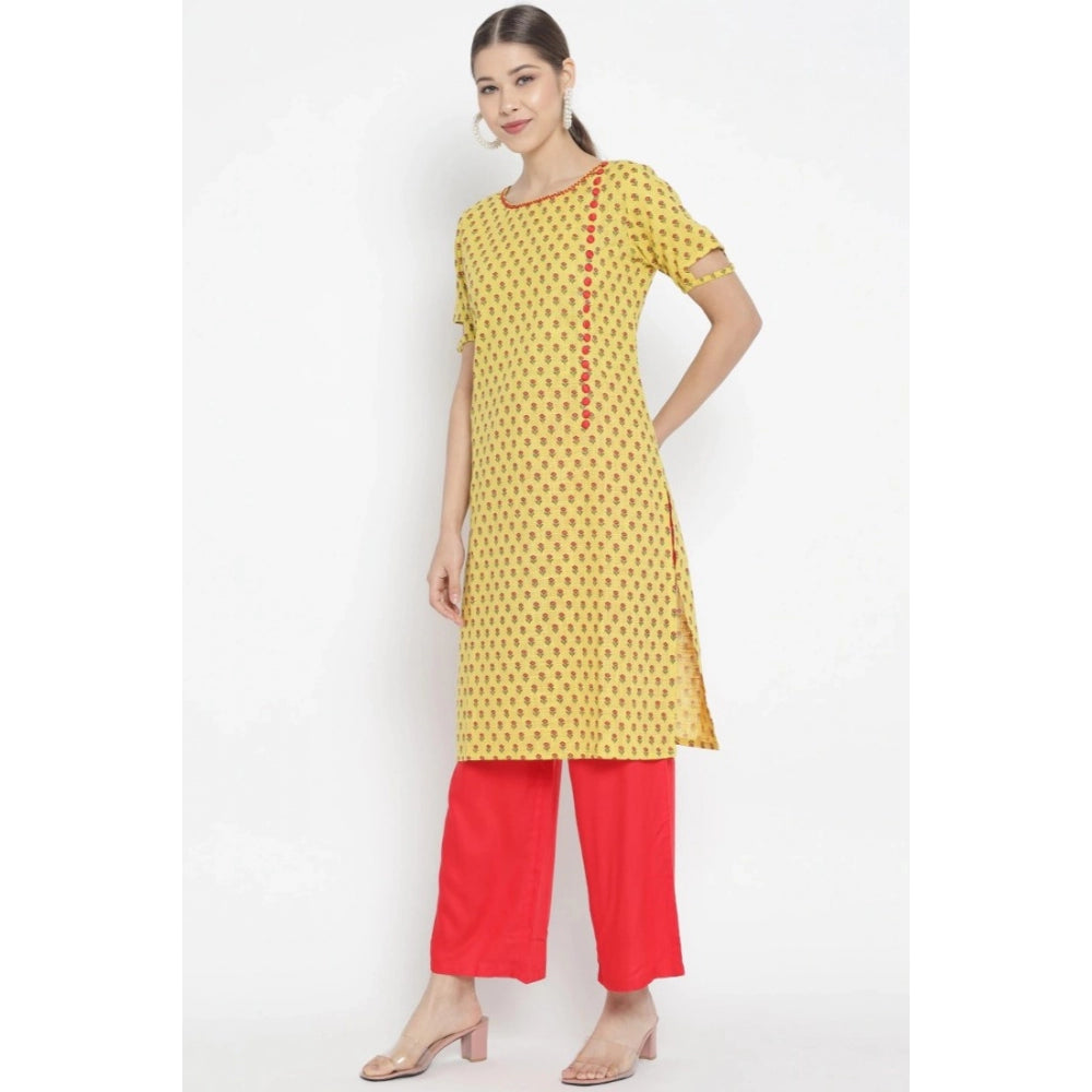 Snuggle Spot Women's Casual Short Sleeves Floral Printed Cotton &amp; Rayon Kurti Palazzo Set (Yellow &amp; Red)