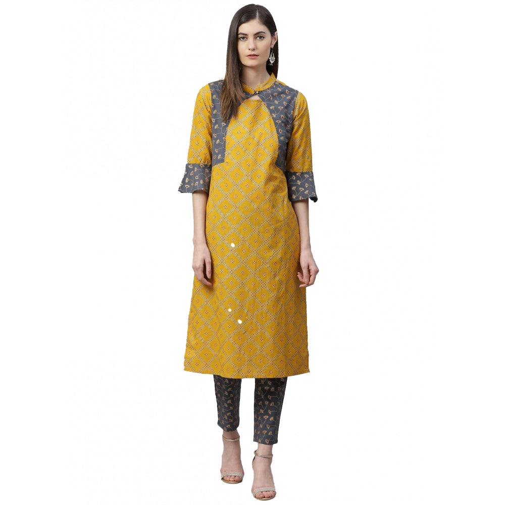 Snuggle Spot Women's Casual Bell Sleeves Geomatrical Printed Cotton Kurti Set (Yellow)