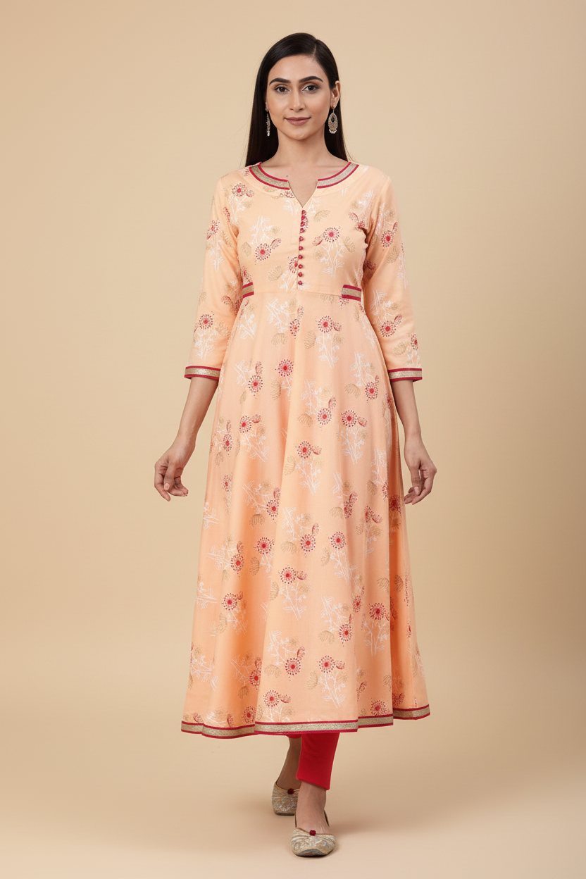 Snuggle Spot Women's Casual 3/4 th Sleeve Floral Printed Rayon Kurti (Peach)