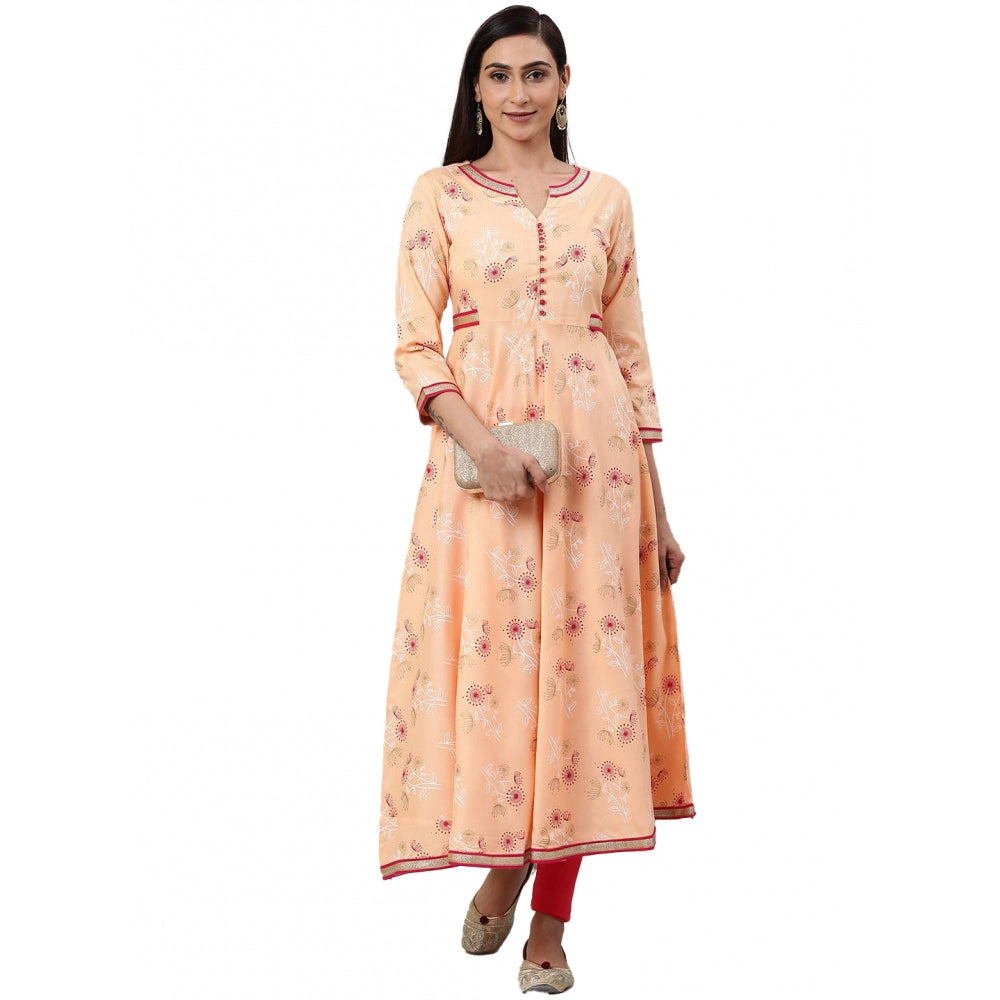Snuggle Spot Women's Casual 3/4 th Sleeve Floral Printed Rayon Kurti (Peach)