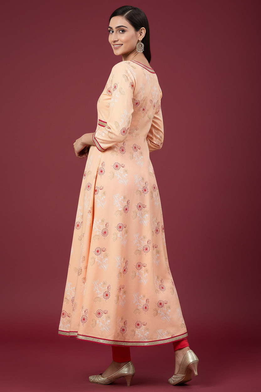 Snuggle Spot Women's Casual 3/4 th Sleeve Floral Printed Rayon Kurti (Peach)