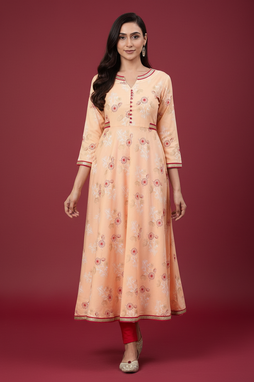 Snuggle Spot Women's Casual 3/4 th Sleeve Floral Printed Rayon Kurti (Peach)