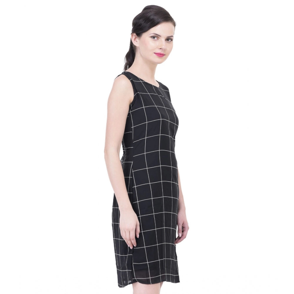 Snuggle Spot Women's Cotton Blend Checked Sleeveless Sheath Dress (Black)