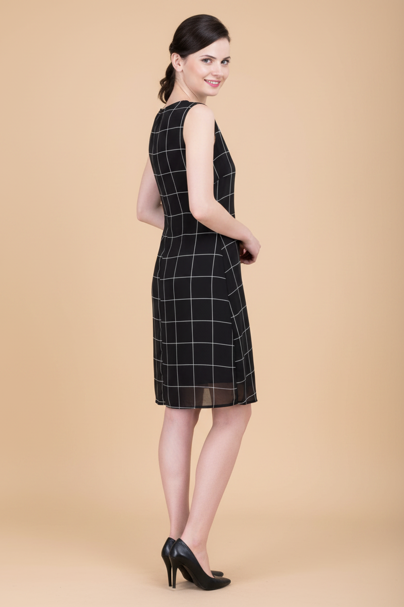 Snuggle Spot Women's Cotton Blend Checked Sleeveless Sheath Dress (Black)