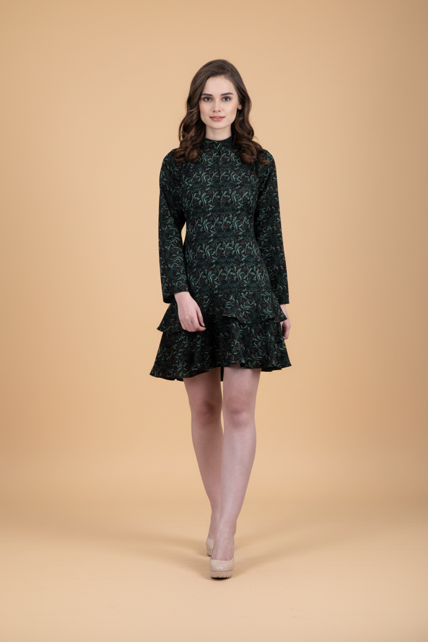Snuggle Spot Women's Cotton Blend Floral Full Sleeves Dress (Green)