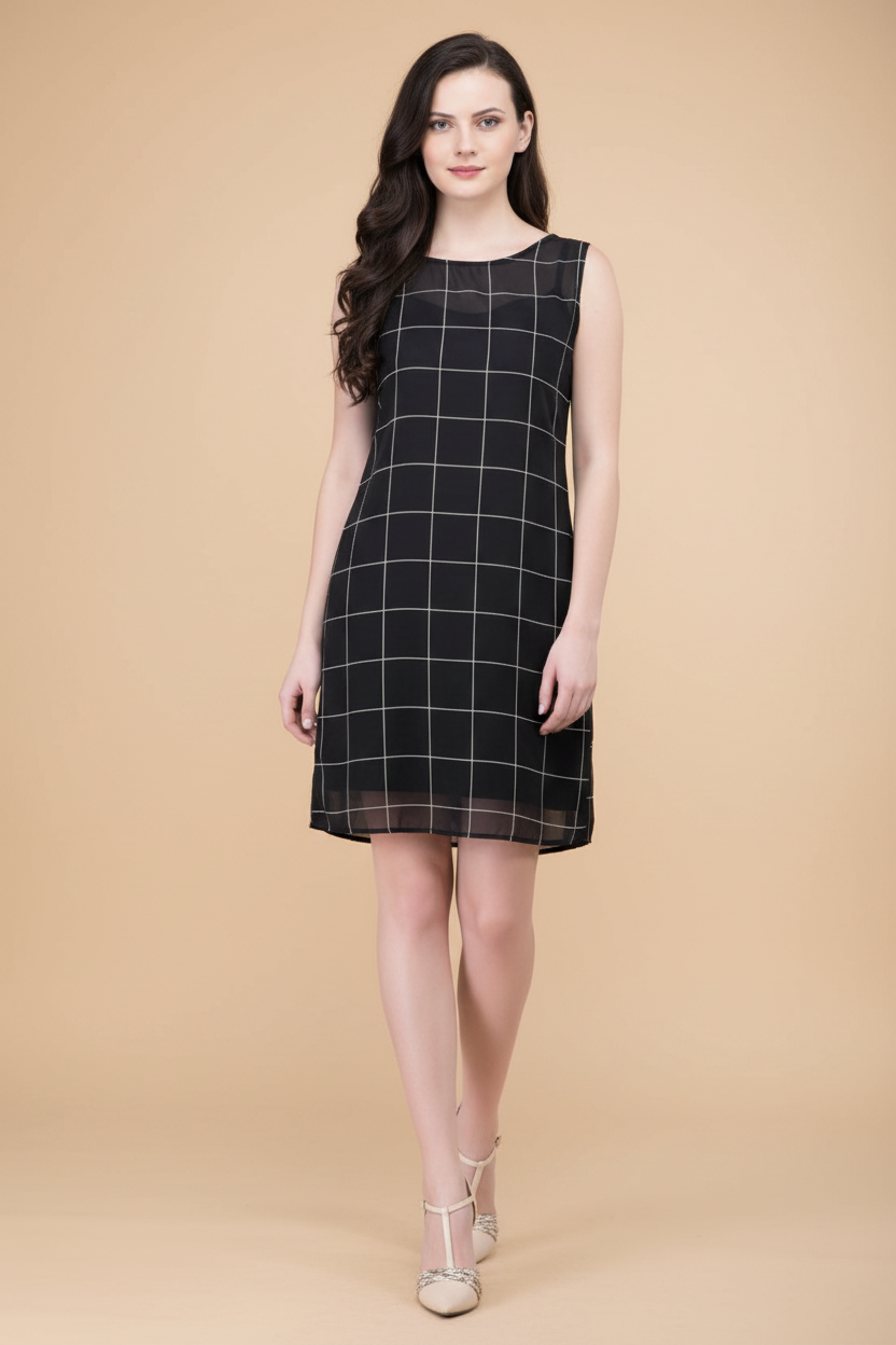 Snuggle Spot Women's Cotton Blend Checked Sleeveless Sheath Dress (Black)