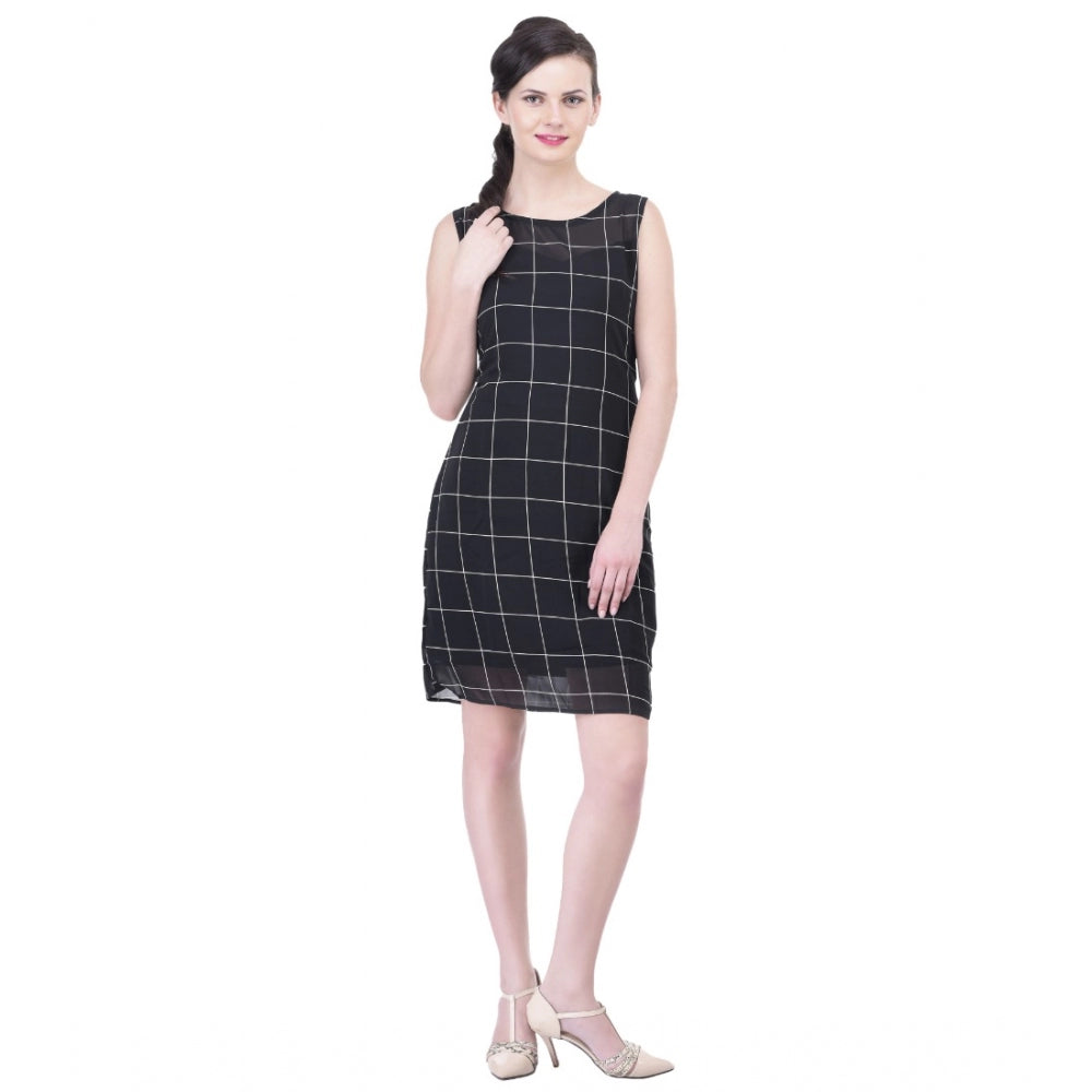 Snuggle Spot Women's Cotton Blend Checked Sleeveless Sheath Dress (Black)