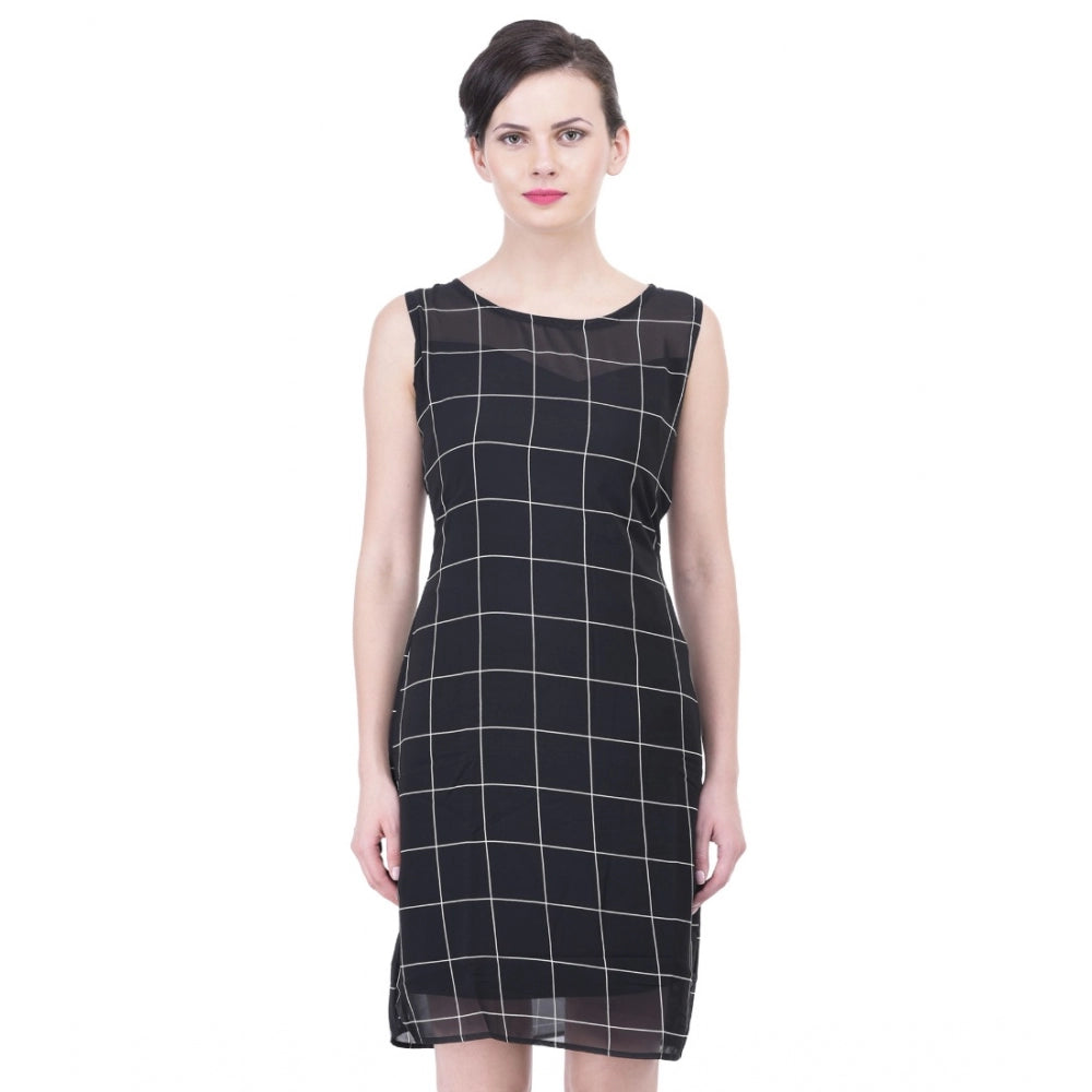 Snuggle Spot Women's Cotton Blend Checked Sleeveless Sheath Dress (Black)