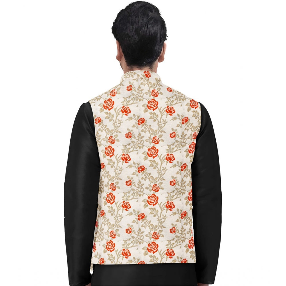 Snuggle Spot Men's Jacquard Printed Full Sleeve Waistcoat (Orange-Beige)