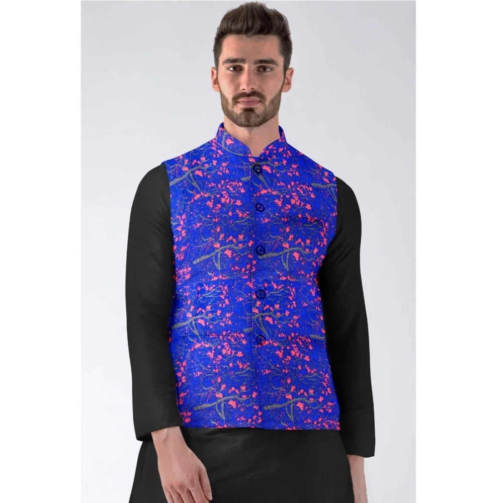 Snuggle Spot Men's Jacquard Printed Full Sleeve Waistcoat (Blue)