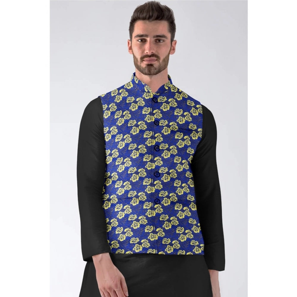 Snuggle Spot Men's Jacquard Printed Full Sleeve Waistcoat (Blue)