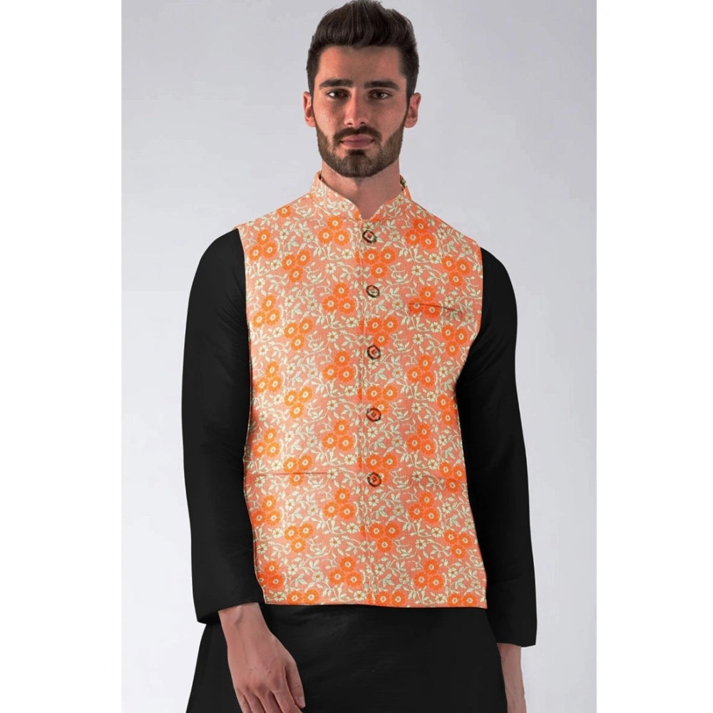 Snuggle Spot Men's Jacquard Printed Full Sleeve Waistcoat (Orange)