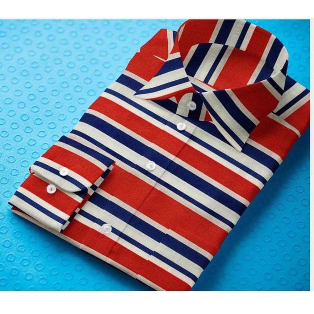 Snuggle Spot Men's Cotton Blended Striped Full Sleeve Shirt (Red-Blue)
