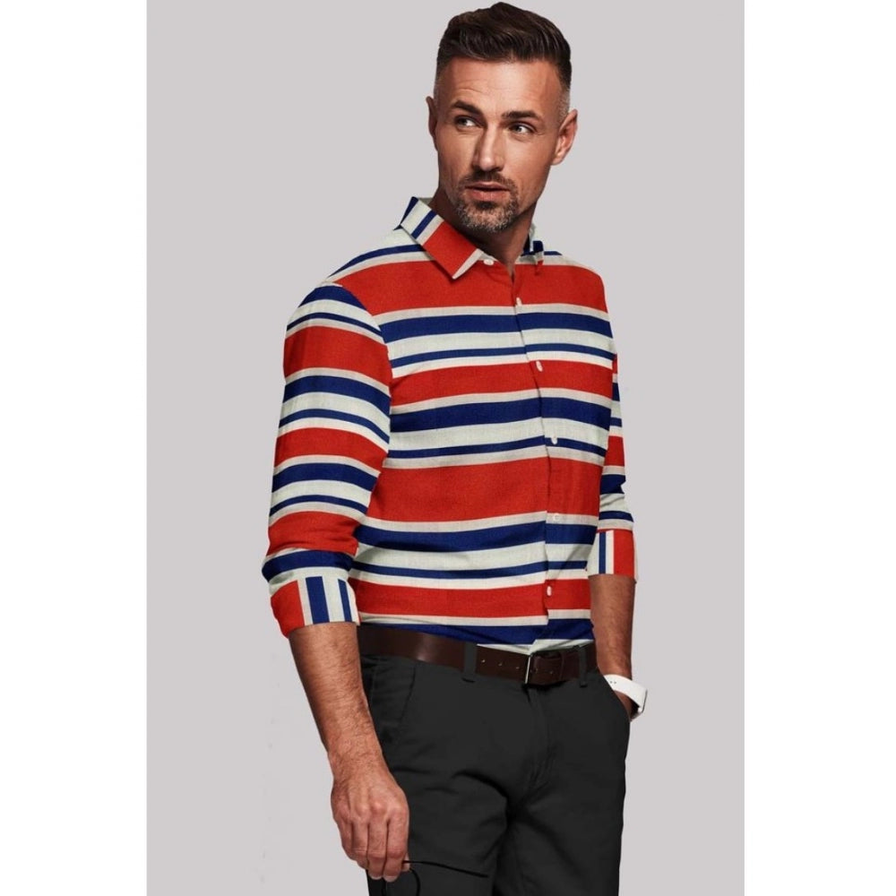 Snuggle Spot Men's Cotton Blended Striped Full Sleeve Shirt (Red-Blue)