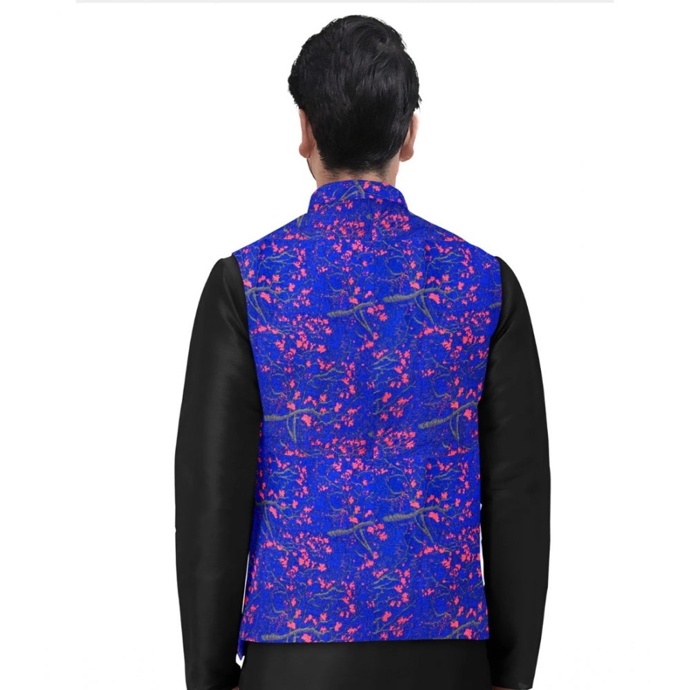 Snuggle Spot Men's Jacquard Printed Full Sleeve Waistcoat (Blue)