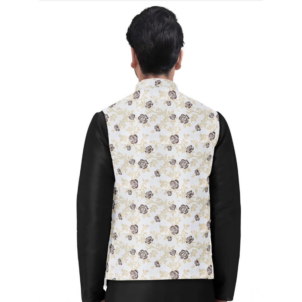 Snuggle Spot Men's Jacquard Printed Full Sleeve Waistcoat (Beige)
