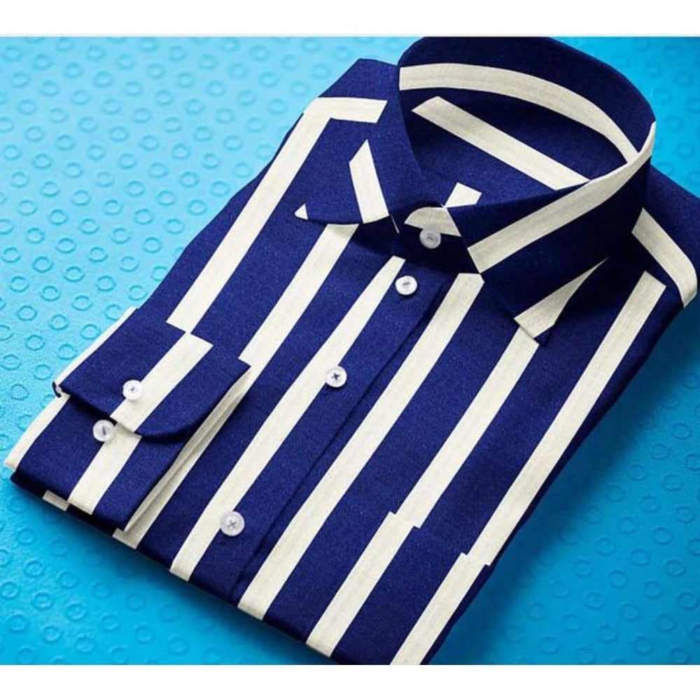 Snuggle Spot Men's Cotton Blended Striped Full Sleeve Shirt (White-Blue)
