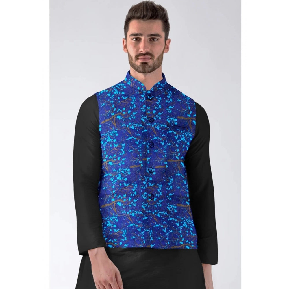 Snuggle Spot Men's Jacquard Printed Full Sleeve Waistcoat (Blue)