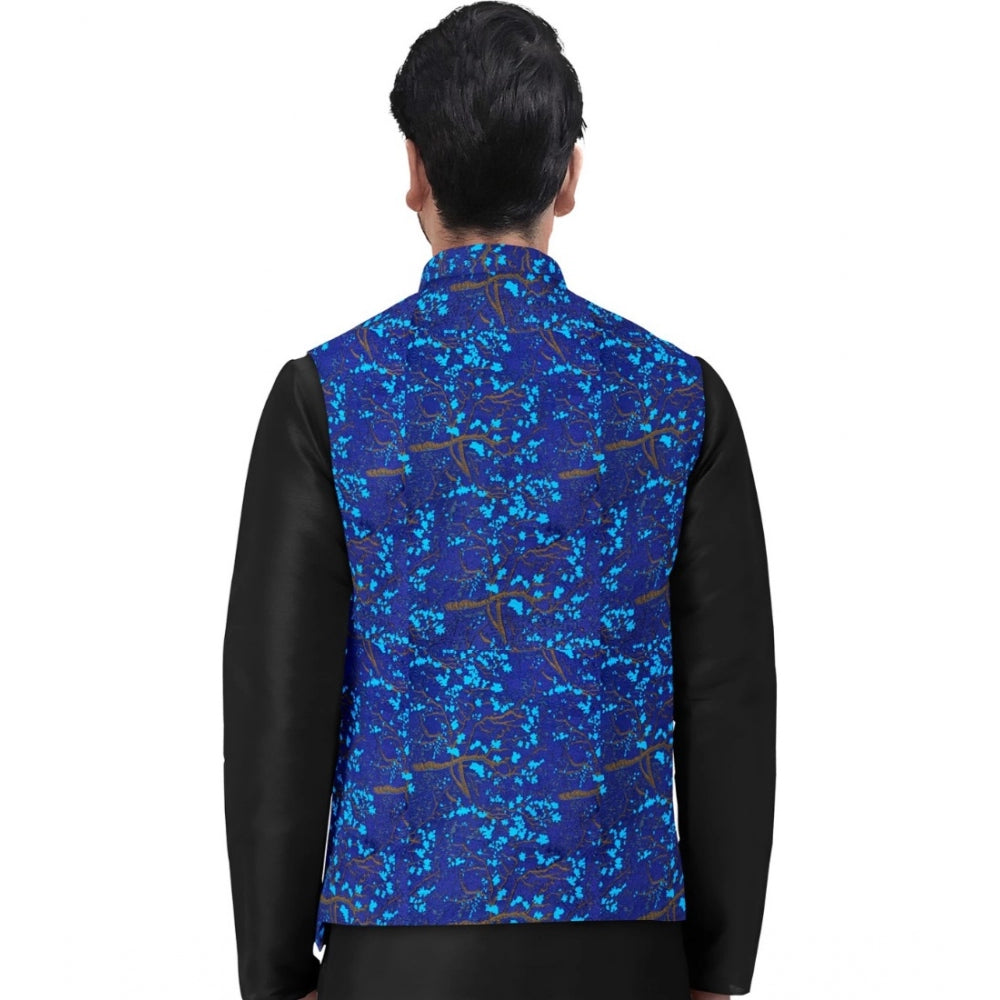 Snuggle Spot Men's Jacquard Printed Full Sleeve Waistcoat (Blue)