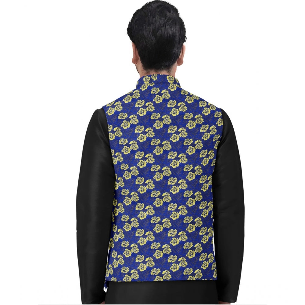 Snuggle Spot Men's Jacquard Printed Full Sleeve Waistcoat (Blue)