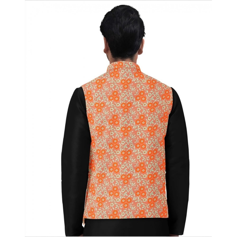 Snuggle Spot Men's Jacquard Printed Full Sleeve Waistcoat (Orange)