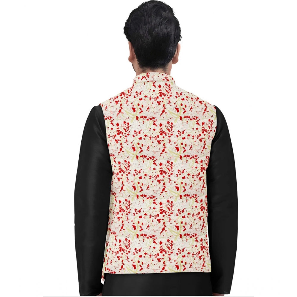 Snuggle Spot Men's Jacquard Printed Full Sleeve Waistcoat (Red-Beige)