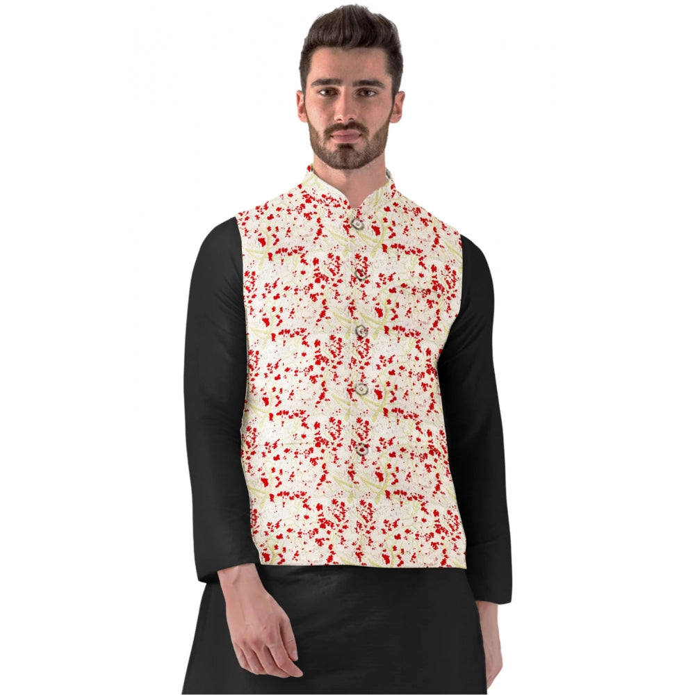 Snuggle Spot Men's Jacquard Printed Full Sleeve Waistcoat (Red-Beige)