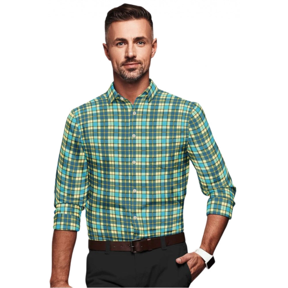 Snuggle Spot Men's Cotton Blended Checked Full Sleeve Shirt (Green-Yellow)