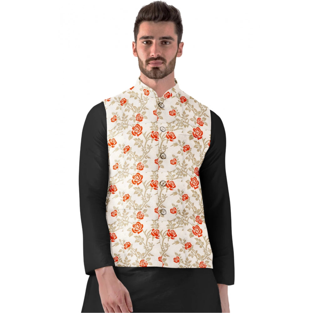 Snuggle Spot Men's Jacquard Printed Full Sleeve Waistcoat (Orange-Beige)