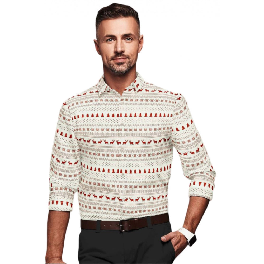 Snuggle Spot Men's Cotton Blended Printed Full Sleeve Shirt (White-Red)