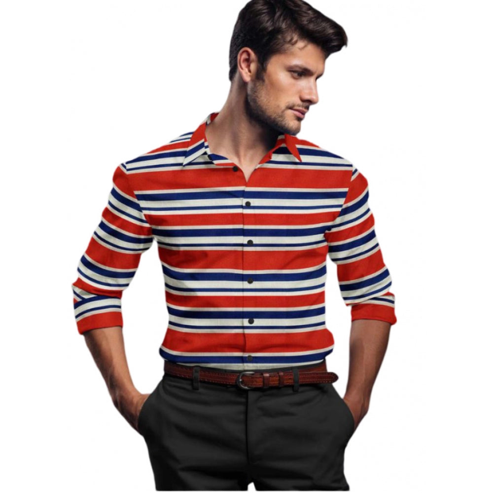 Snuggle Spot Men's Cotton Blended Striped Full Sleeve Shirt (Red-Blue)
