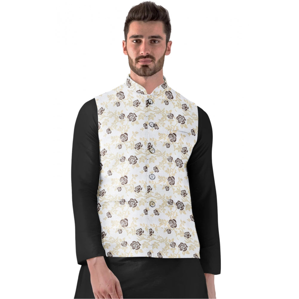Snuggle Spot Men's Jacquard Printed Full Sleeve Waistcoat (Beige)