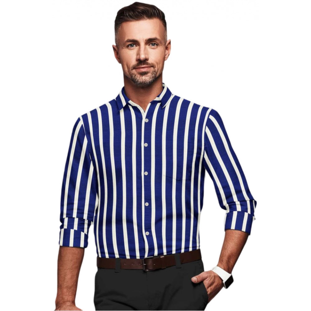 Snuggle Spot Men's Cotton Blended Striped Full Sleeve Shirt (White-Blue)