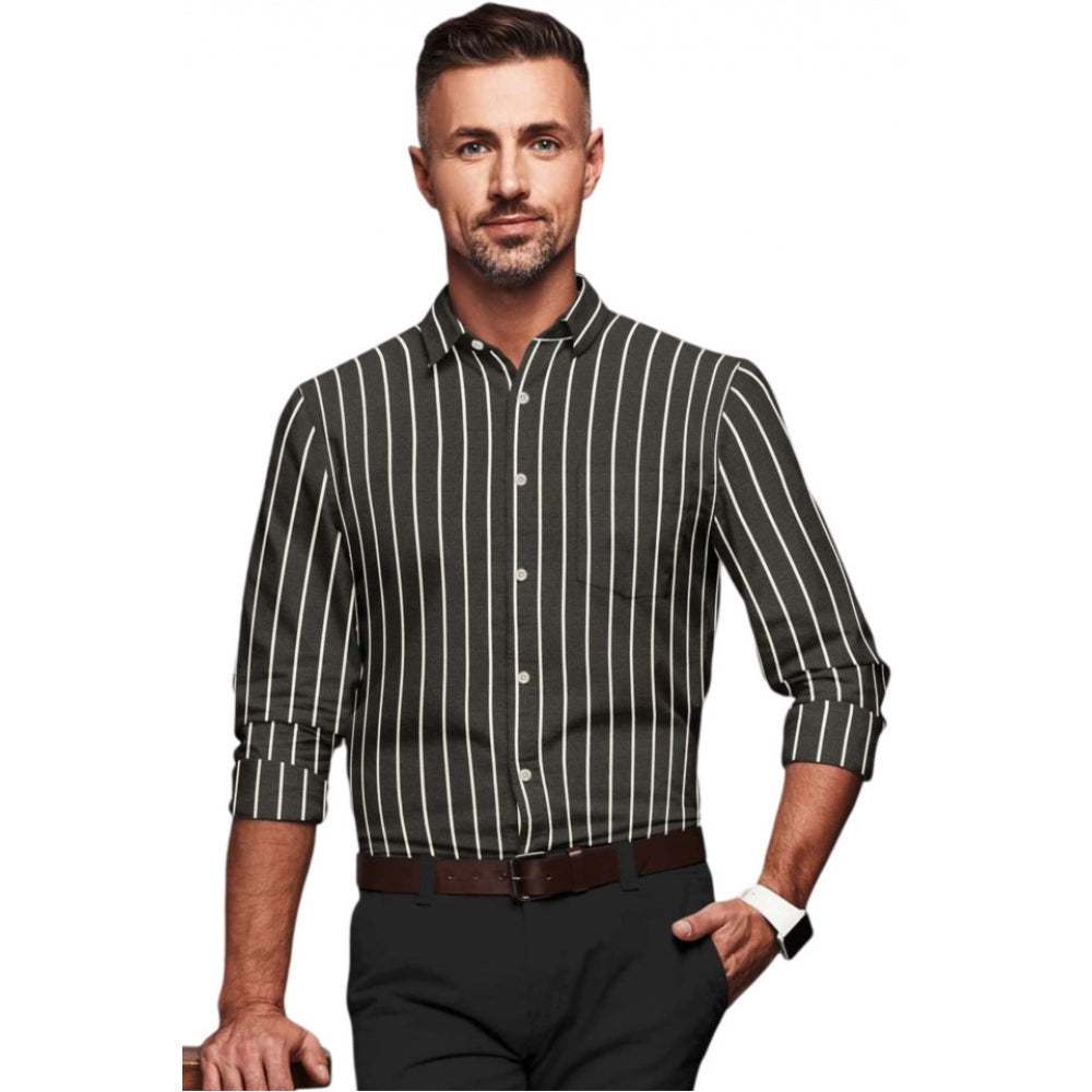 Snuggle Spot Men's Cotton Blended Striped Full Sleeve Shirt (Black-White)