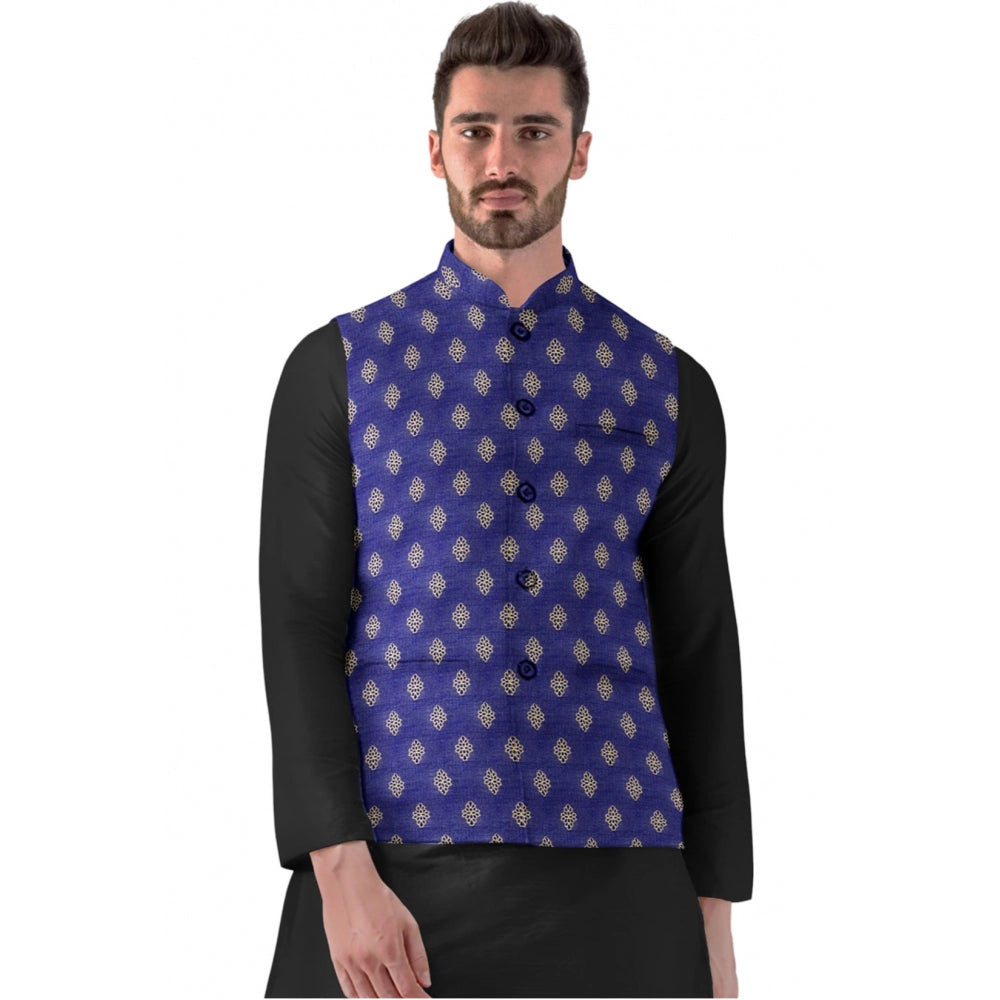 Snuggle Spot Men's Jacquard Printed Full Sleeve Waistcoat (Blue)