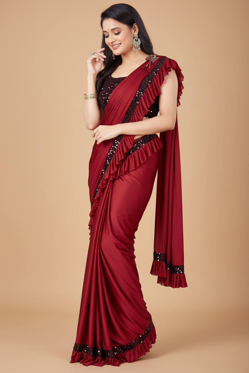 Snuggle Spot Women's Lycra Solid Saree With Unstitched Blouse (Red, 5.5 Mtr)