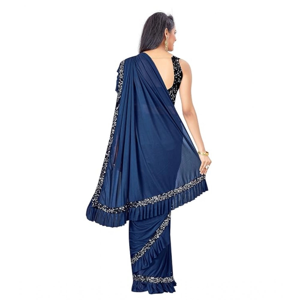 Snuggle Spot Women's Lycra Solid Saree With Unstitched Blouse (Nay Blue, 5.5 Mtr)
