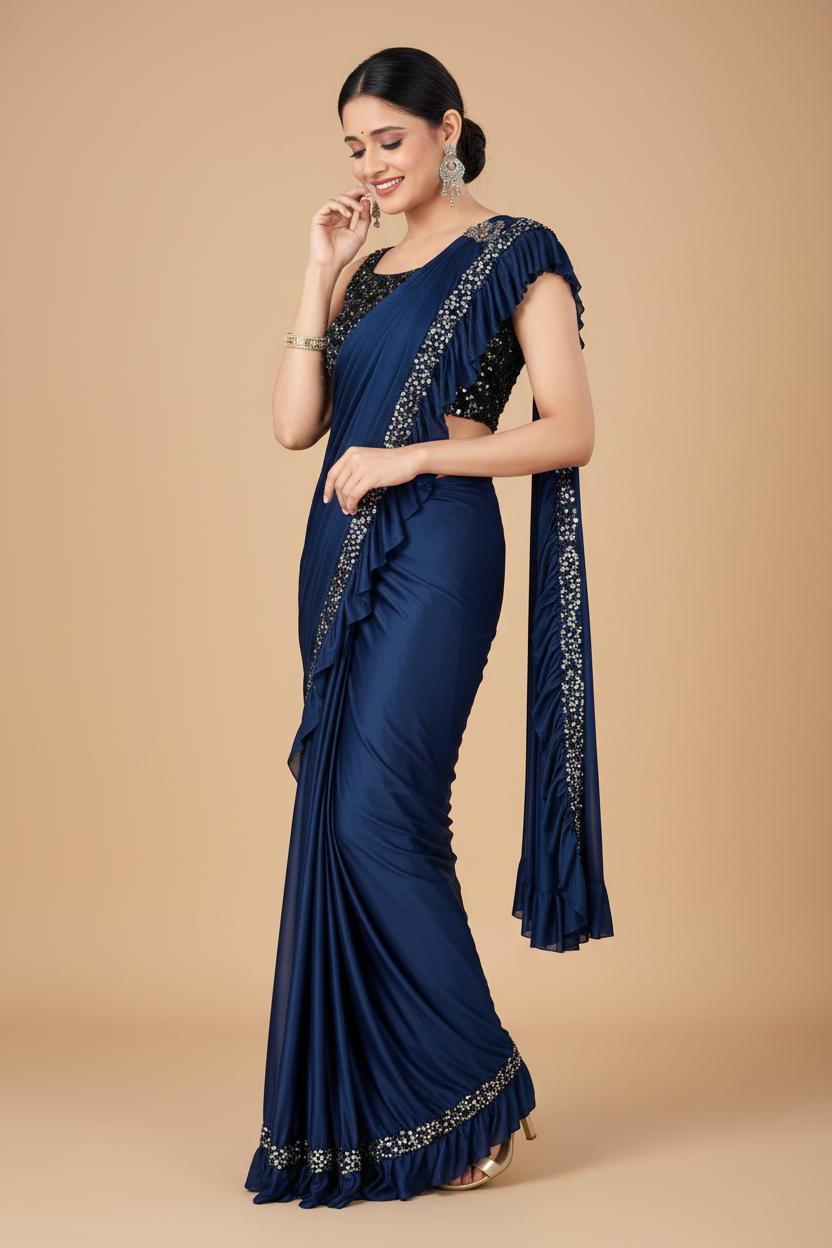 Snuggle Spot Women's Lycra Solid Saree With Unstitched Blouse (Nay Blue, 5.5 Mtr)