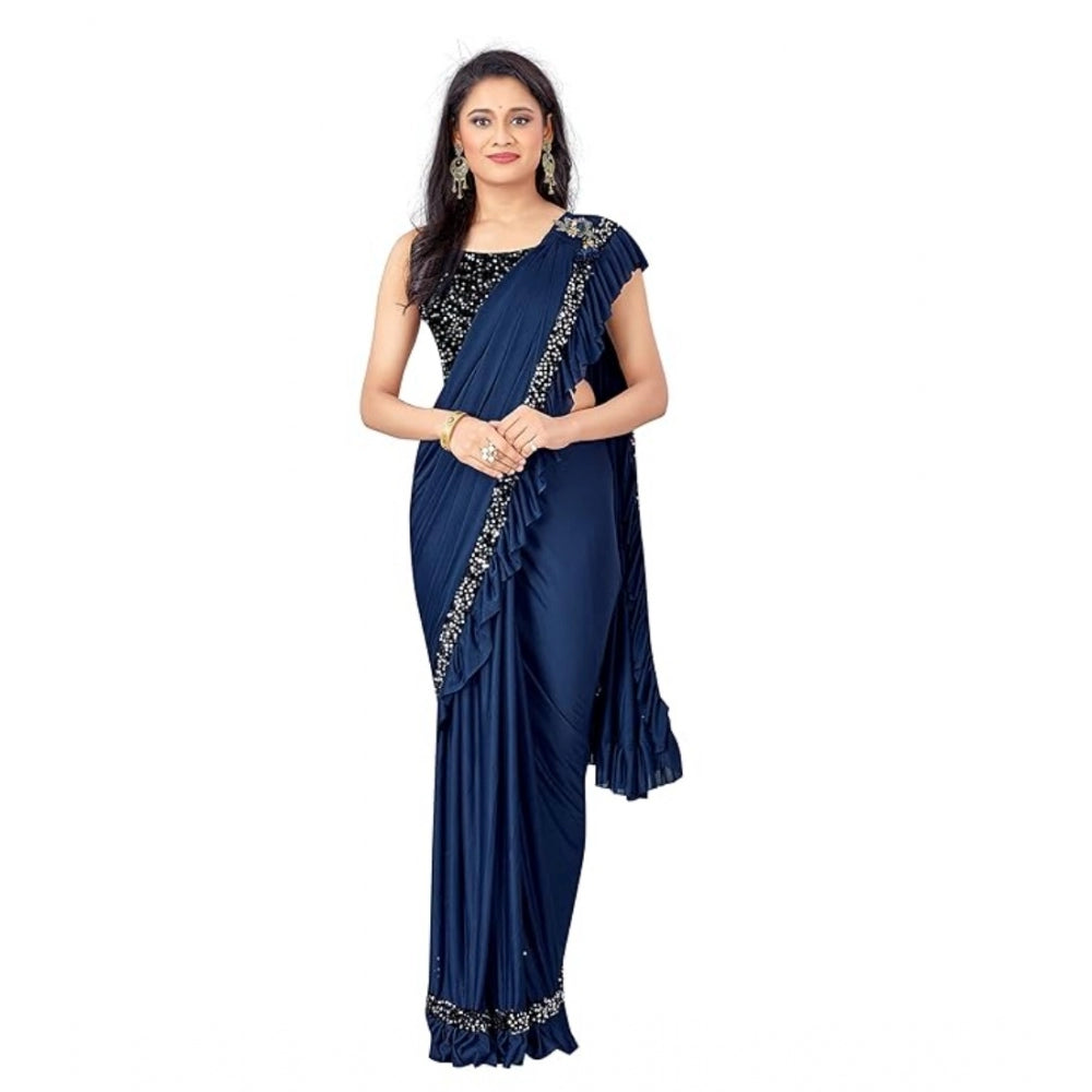 Snuggle Spot Women's Lycra Solid Saree With Unstitched Blouse (Nay Blue, 5.5 Mtr)